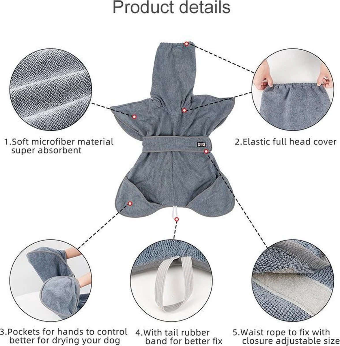 Super Absorberende Honden Badjas Grijs Maat L 5 Super Absorberende Honden Badjas Grijs Maat L - Afbeelding 5