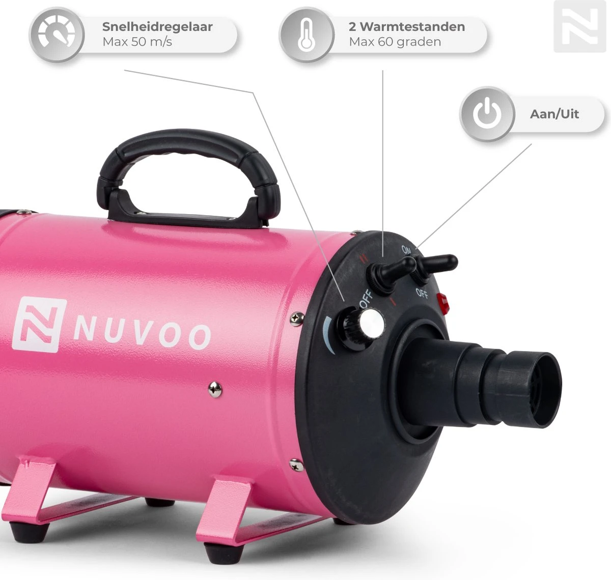 Nuvoo Professionele Hondenföhn / Waterblazer / Hondenborstel Met 3 Opzetstukken - Verstelbare Vermogen Tot 2200W - Warme / Koude Stand - Roze 3 Nuvoo Professionele Hondenföhn / Waterblazer / Hondenborstel Met 3 Opzetstukken - Verstelbare Vermogen Tot 2200W - Warme / Koude Stand - Roze - Afbeelding 3