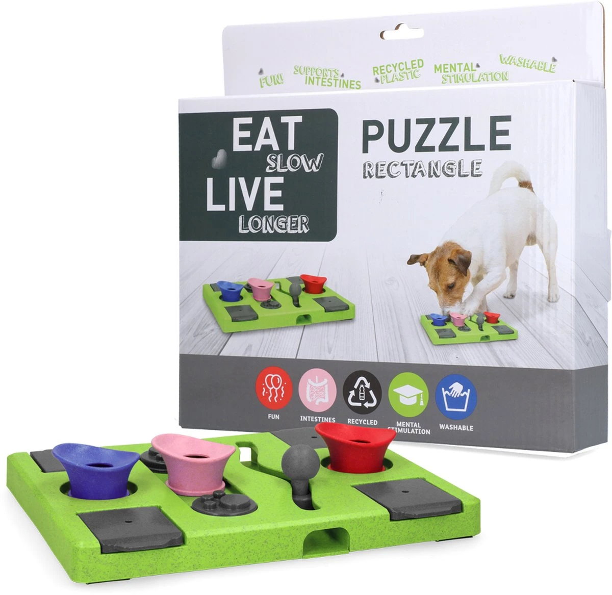 Eat Slow Live Longer Puzzel Rectangle – Intelligentie Speelgoed Voor Honden – Interactief Hondenspeelgoed – Uitdagende Hondenpuzzel – Gerecyclede Materialen – Te Vullen Met Snacks - 25x26x5 Cm - Groen 1 Eat Slow Live Longer Puzzel Rectangle – Intelligentie Speelgoed Voor Honden – Interactief Hondenspeelgoed – Uitdagende Hondenpuzzel – Gerecyclede Materialen – Te Vullen Met Snacks - 25x26x5 Cm - Groen