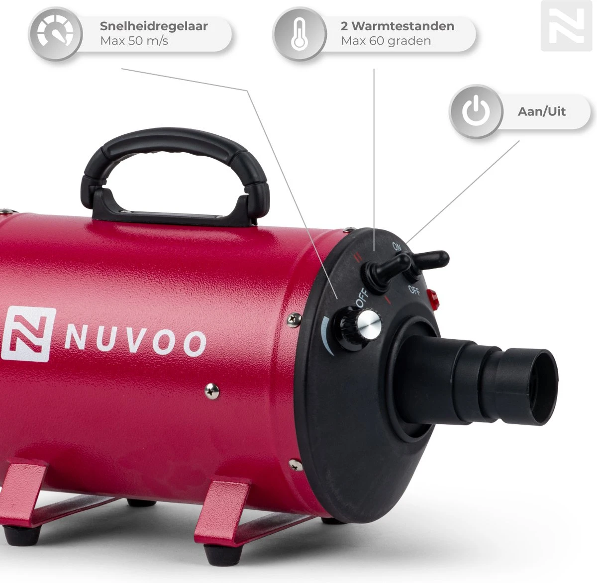 Nuvoo Professionele Hondenföhn / Waterblazer / Hondenborstel Met 3 Opzetstukken - Verstelbare Vermogen Tot 2200W - Warme / Koude Stand - Rood 2 Nuvoo Professionele Hondenföhn / Waterblazer / Hondenborstel Met 3 Opzetstukken - Verstelbare Vermogen Tot 2200W - Warme / Koude Stand - Rood - Afbeelding 2