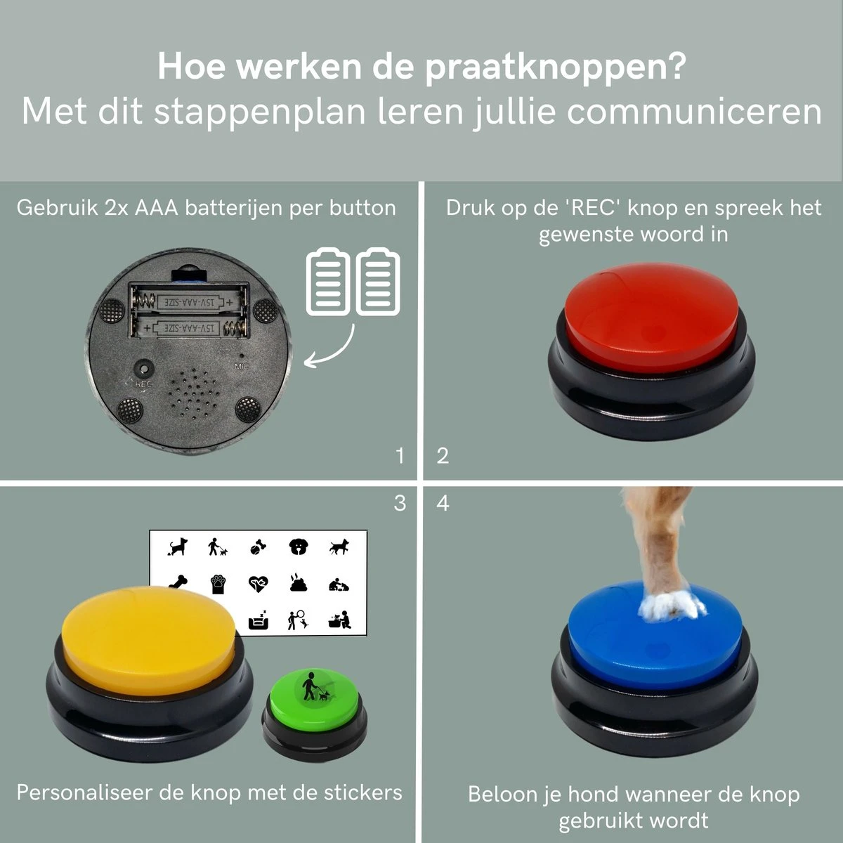 Comfort Company Praatknop Hond | Dogbuttons – Honden Speelgoed | Honden Speelgoed Intelligentie | 4 Stuks | Agility Voor De Hond | 30 Seconden Opnamen | Honden Training 5 Comfort Company Praatknop Hond | Dogbuttons – Honden Speelgoed | Honden Speelgoed Intelligentie | 4 Stuks | Agility Voor De Hond | 30 Seconden Opnamen | Honden Training - Afbeelding 5