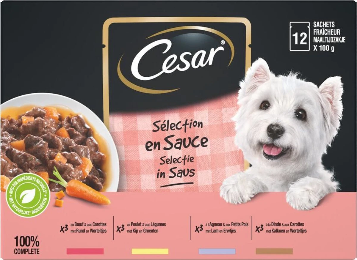 Cesar Selectie In Saus Maaltijdzakjes Honden Natvoer - Vlees En Groenten In Saus - 48 X 100 Gr 4 Cesar Selectie In Saus Maaltijdzakjes Honden Natvoer - Vlees En Groenten In Saus - 48 X 100 Gr - Afbeelding 4