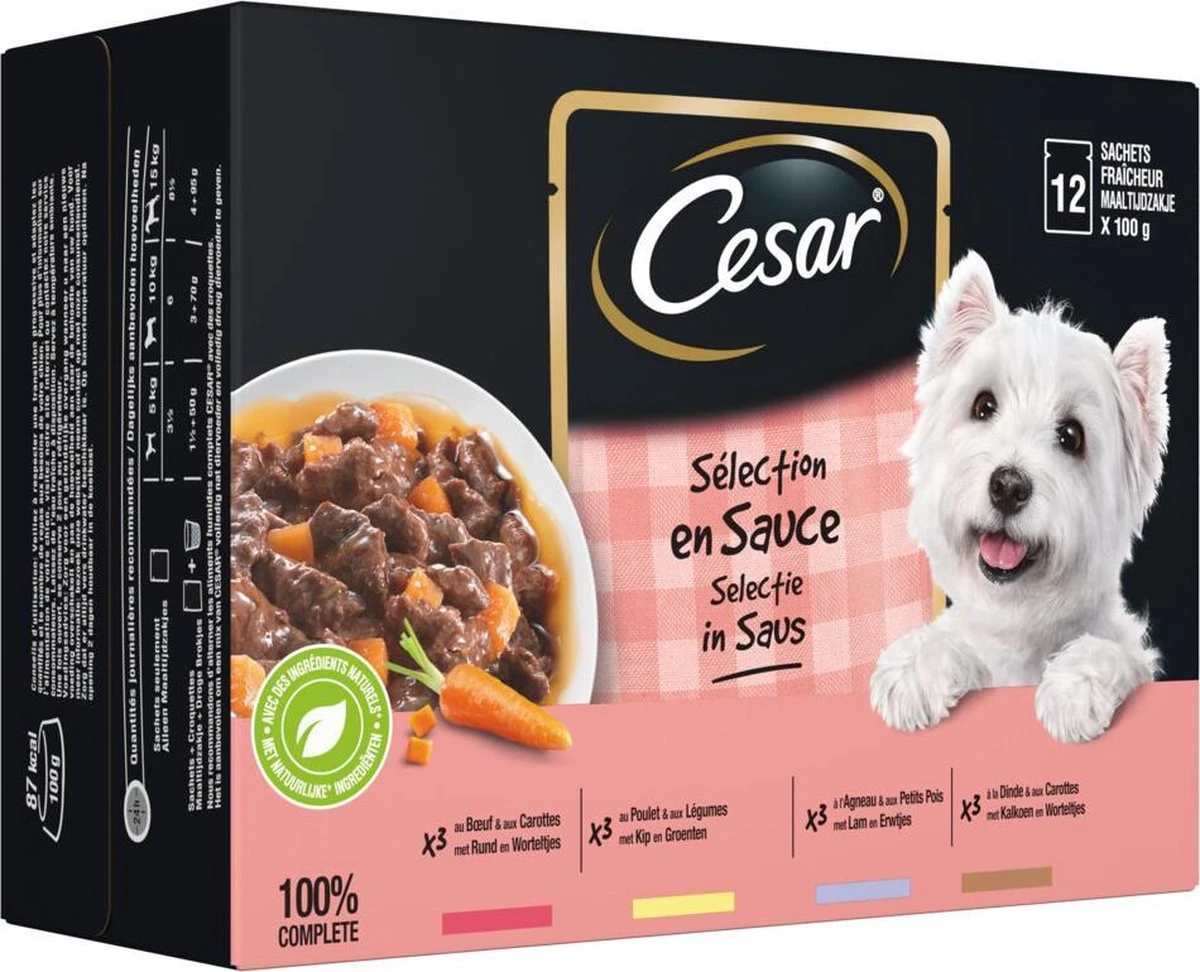 Cesar Selectie In Saus Maaltijdzakjes Honden Natvoer - Vlees En Groenten In Saus - 48 X 100 Gr 2 Cesar Selectie In Saus Maaltijdzakjes Honden Natvoer - Vlees En Groenten In Saus - 48 X 100 Gr - Afbeelding 2