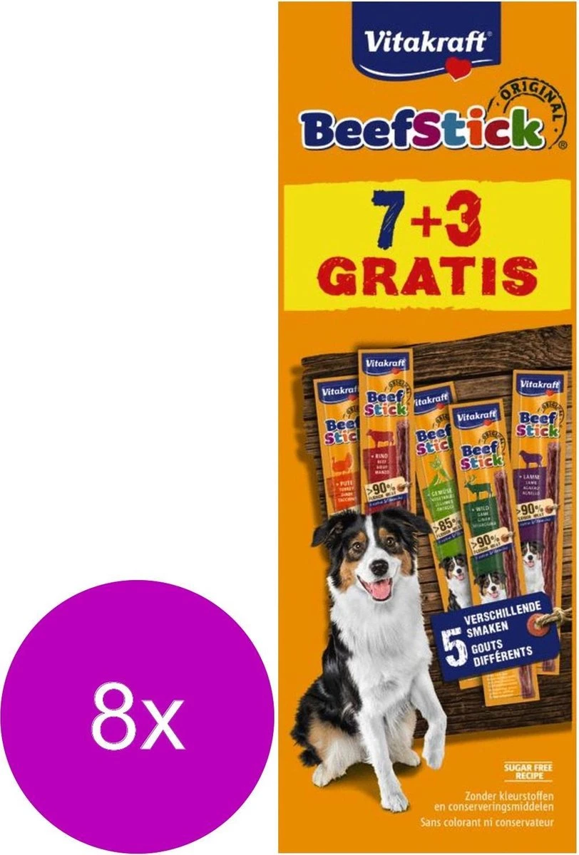 Vitakraft Beefsticks Voordeelverpakking - Hondensnacks - 8 X 10x12 G 7+3 Stuks 1 Vitakraft Beefsticks Voordeelverpakking - Hondensnacks - 8 X 10x12 G 7+3 Stuks